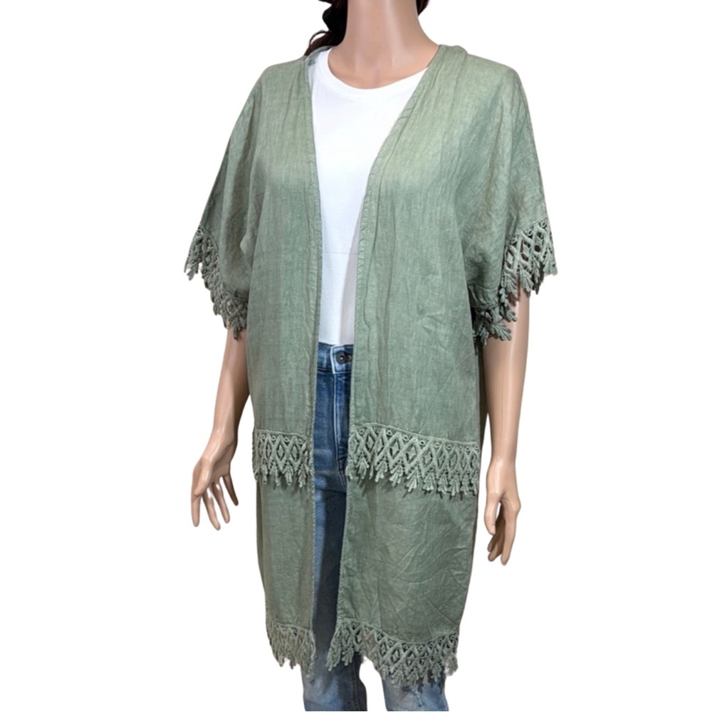 Valentina Naldi Italy Sage Green Linen Crochet‎ Trim Kimono Cardigan One Size